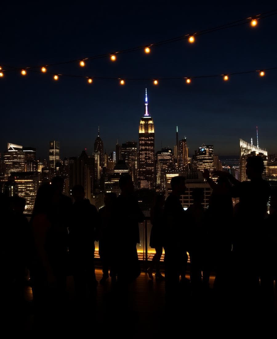 Club9 guests on a rooftop with the New York City skyline behind them